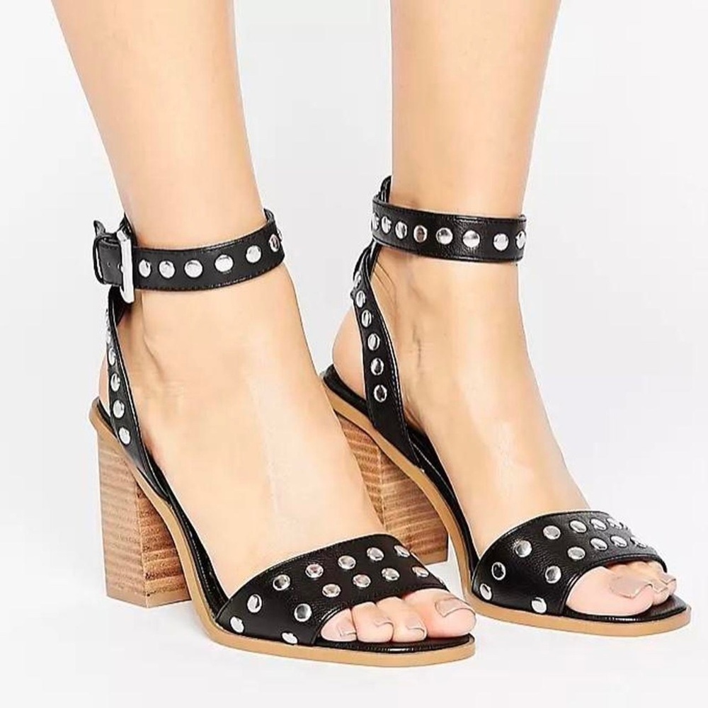 ASOS Texas Black Studded Block Heeled Sandals